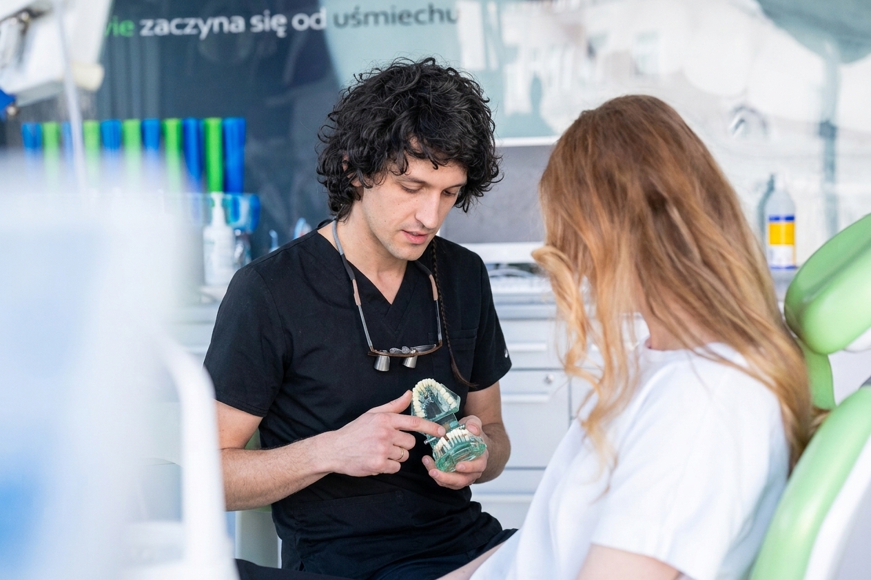 Lekarz stomatolog wyjaśniający pacjentce przebieg leczenia implantologicznego na modelu zębów